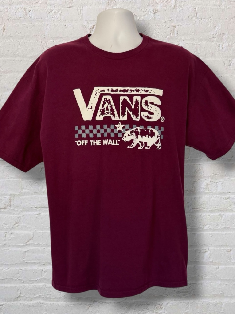 VANS Off The Wall California Bear Checkerboard Graphic Tee Burgundy Maroon XL